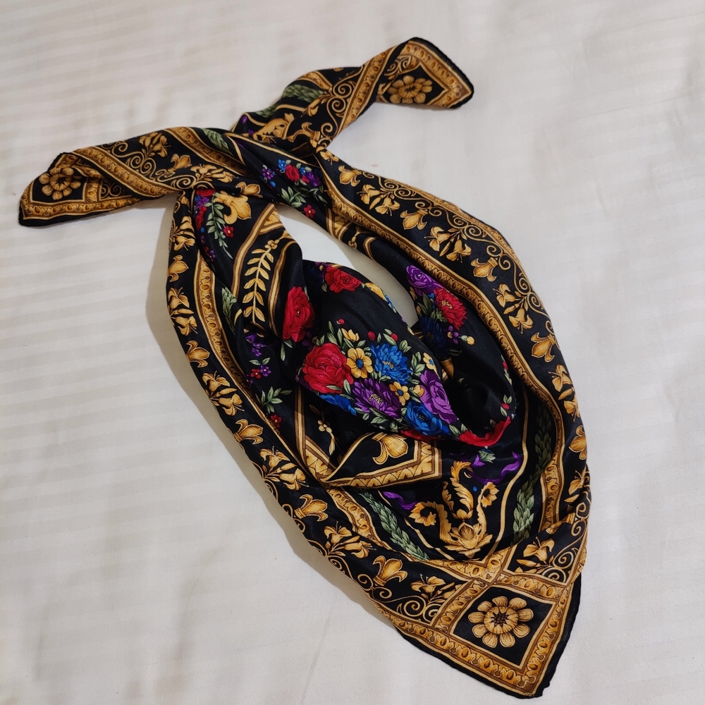 Rose Floral Baroque Square Silk Scarf with Gold Motif Border, 30"x31" - Picture 11 of 11